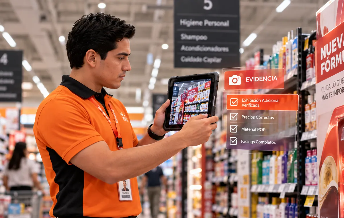 Colaborador de MAP verificando la ejecución en el punto de venta con una tableta